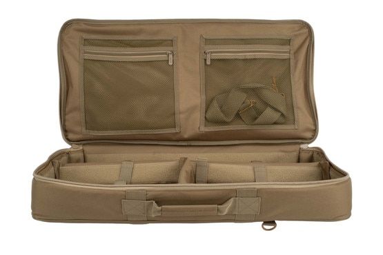 Discreet 26-inch tan rifle case by NcSTAR features a fully padded interior with hook and loop fasteners for added protection
